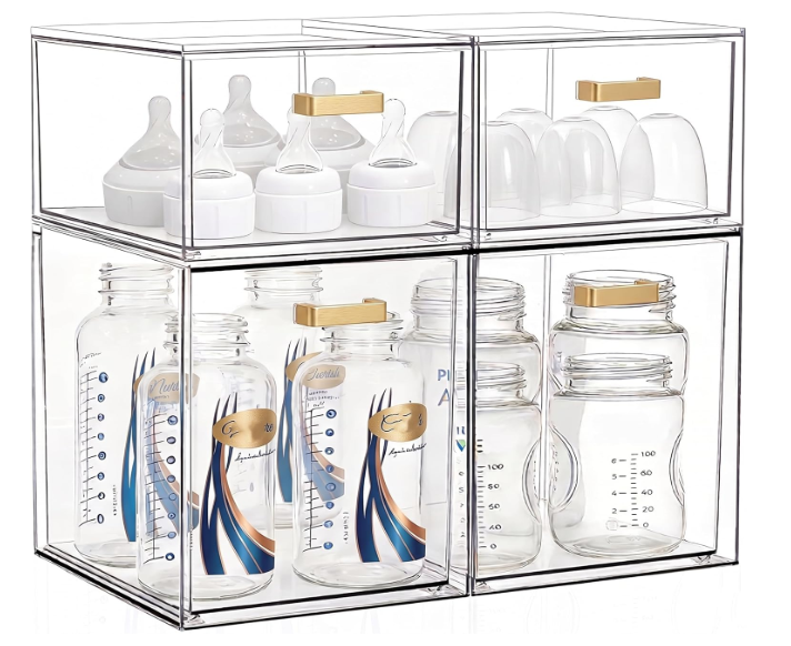 LALOBLUE Clear Stackable Drawer Organizer, 4 Pack Acrylic Storage Drawers with Pull-Out Design, Space-Saving Organizer for Bathroom, Vanity, Kitchen & Office