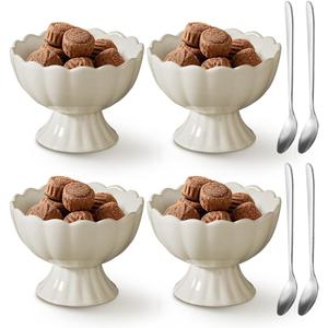 choxila Ceramic Bowl Set of 4 Footed Dessert Bowls with Spoon, Elegant Trifle Bowl with Pedestal for Candy, Salad, Fruit, Tiramisu, Party Serving Punch Bowls
