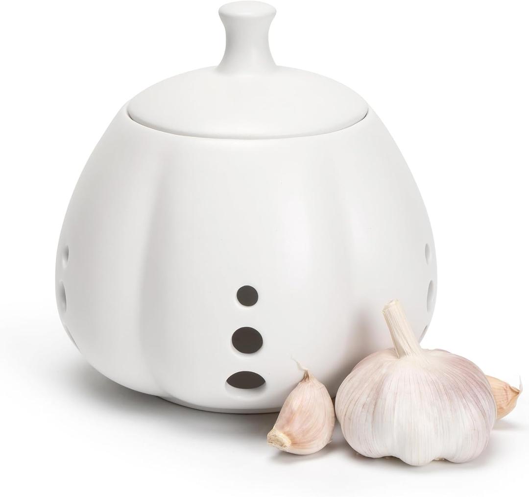 UHEY HOME Garlic Keeper for Counter, Ceramic Storage Pod with Lid Large Garlic Saver for Kitchen to Keep Your Cloves Fresh Longer, White