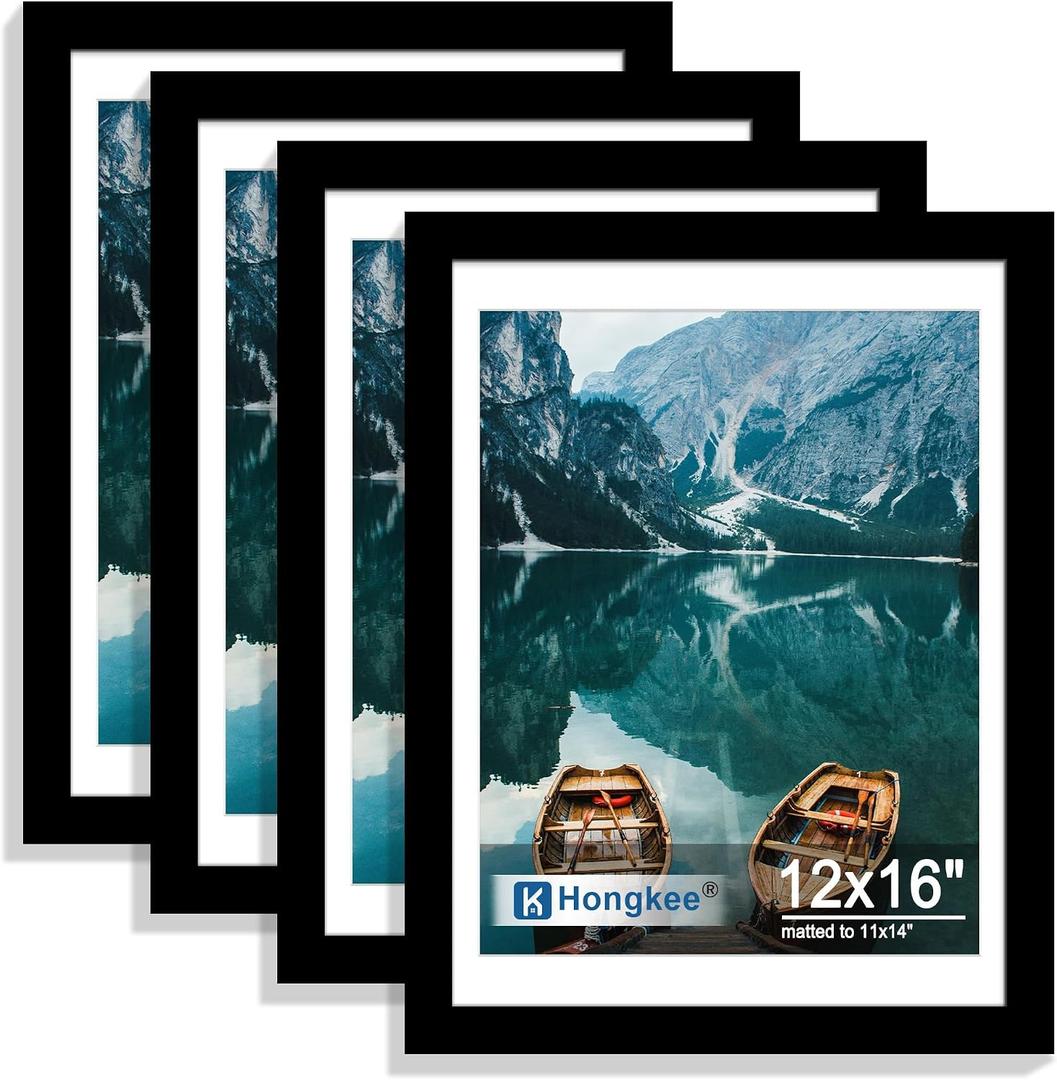 Hongkee 12x16 Picture Frame Set of 4, 12 x 16 Black Wood Style(Mat 11x14), 12X16 in
