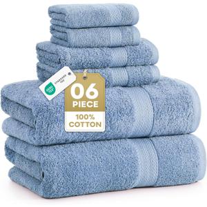 LANE LINEN 100% Cotton Bath Towels 6 Piece Set - Super Soft, Quick Dry & Absorbent - 2 Bath, 2 Washcloths, 2 Hand Towels for Bathroom - Hotel Quality, Minimal Lint after 3 Washes - Cerulean Blue