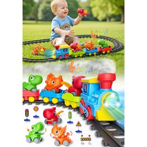 Train Set for Toddlers w/Steam, Music & Lights - Electric Train Toys for Kids w/Tracks Accessories, Including 3 Dinosaur Car and 3 Trailer, Christmas Birthday Gifts for 3 4 5 6+ Years Old Boys Girls.