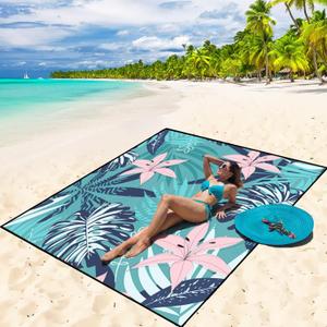 WIWIGO Beach Blanket Waterproof Sandproof Beach Mat 79" X 83"/10'x9'for 2-8 Adults Quick Drying Outdoor Picnic Mat Beach Accessories for Travel, Camping, Hiking (Palm Leaves -Pink Green)