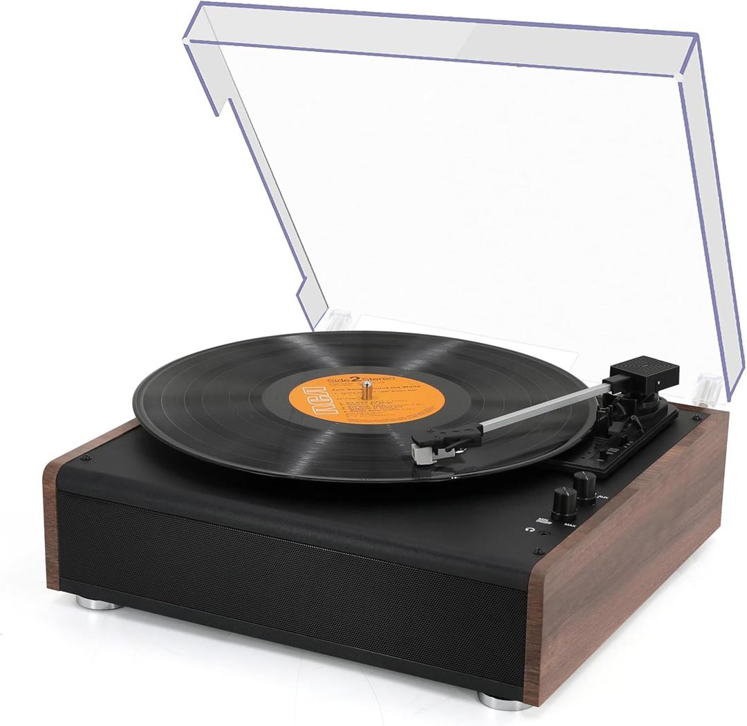 Vinyl Record Player Bluetooth Wireless Turntable with Built-in Speakers and 3 Speed Belt-Driven Vintage Phonograph Record Player with Magnetic Cartridge, RCA Out, Aux in, Headphone Jack (Brown)