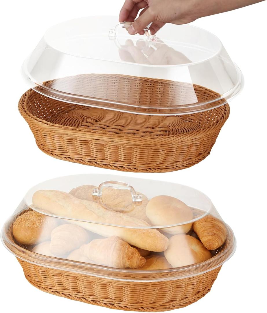 2 Pack Bread Basket with Lid, Wicker Bread Basket for Serving, Imitation Rattan Bread Basket, Oval Woven Fruit Basket with Cover for Food Vegetables Display (15.7x11.8x4.9 inch)