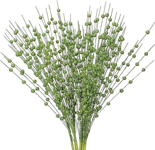 Artificial Glitter Berry Stem Ornaments, Bright Berries Decorative Bead Sticks, Glittery Twigs, Picks Branches for Home Christmas Tree, Small Vase, Holiday Wedding Party Decor - 17 Inch Green 20 Pack