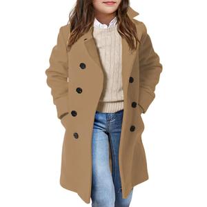 Girls Coat Double Breasted Notched Collar Wool Blend Long Trench Coat Winter Warm Peacoat Dress Coat with Pockets (3-4T, Khaki)