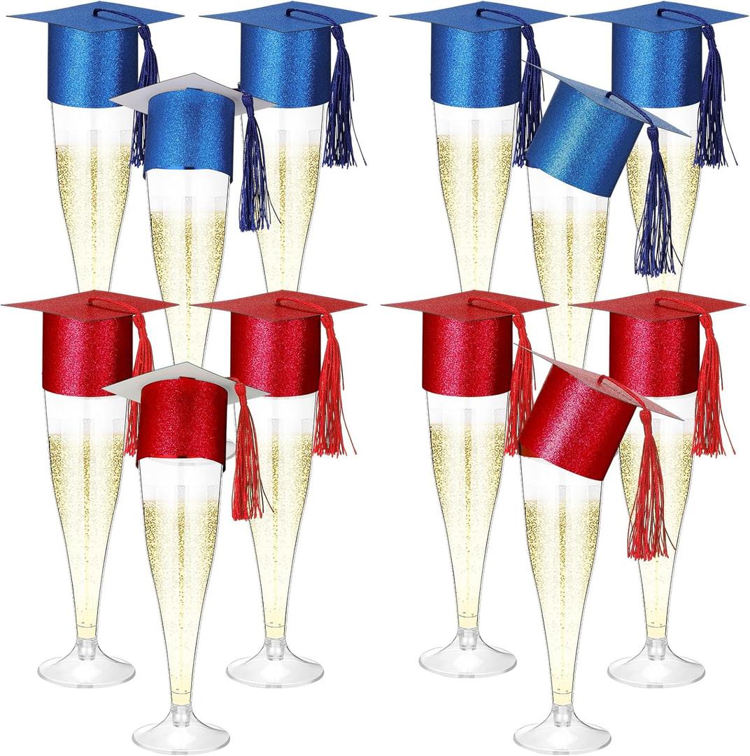 Funnymoom 12 Pack 2026 Graduation Disposable Champagne Flutes Set 4.5 oz Plastic Grad Glasses and Mini Graduation Caps with Tassels for Cocktail Toasting Grad Party Favor (Red,Blue)