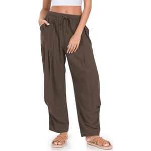 TARSE Women Linen Pants Casual Loose Drawstring Low Waist Beach Palazzo Harem Pants, DarkCoffee, XL