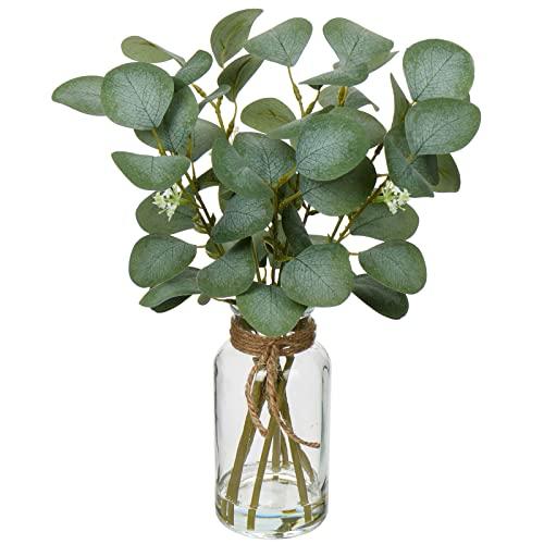 Briful Artificial Eucalyptus Stems in Glass Vase with Faux Water, 14" Fake Plant Eucalyptus Leaves for Home Bathroom Office Farmhouse Wedding Centerpiece Décor