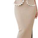 Pink Queen Women's 2 Piece Outfits Sleeveless V-Neck Crop Top High Waisted Bodycon Maxi Skirt Set with Side Slit (Medium, Beige)