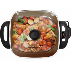 Elite Gourmet EG3033 12"x12"x2.35 Healthy Ceramic with Titanium Coated Scratch Resistant Electric Skillet, Dishwasher Safe, Rapid Heat Up, 1200W, Dark Grey, 6 Quart