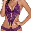 Avidlove Women Deep V Lingerie Lace Teddy One Piece Babydoll Mini Bodysuit (X-Large, Wineberry)