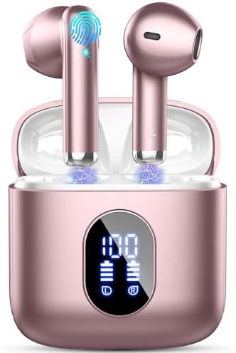 Rinsmola Wireless Earbuds, Bluetooth Headphones 5.4 with ENC Noise Cancelling Mics, 30H Bluetooth Ear Buds 3D Bass with LED Display Charging Case, IP7 Waterproof Wireless Earphones for Android, iOS, Rosegold
