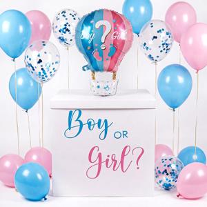 28in Extra Large Gender Reveal Gift Box with Big Hot Air Foil Balloon and 12in Pink Blue Balloon Set Jumbo Giant Gift Box Decoration Kit with Boy or Girl Theme Stickers, 20.47 x 12.4 inches