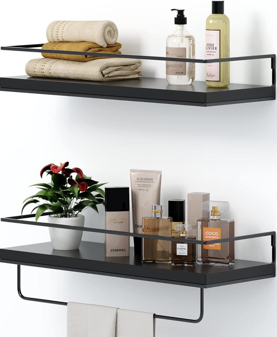SHARIO Black Wood Floating Shelves - Set of 2, Wall Mounted Hanging Shelves with Black Towel Rack, Decorative Storage Shelves for Bathroom, Kitchen, Living Room & Bedroom