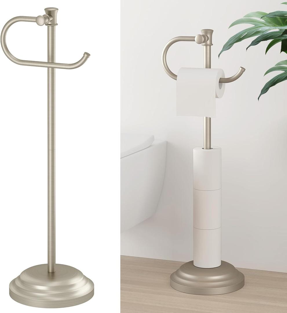 Hoimpro 25" Toilet Paper Holder Free Standing, Floor Bathroom Toilet Paper Tissue Roll Holder with Shelf Storage Stand for 4 Rolls, Freestanding Handle Hardware Accessories Rack Brushed Nickel