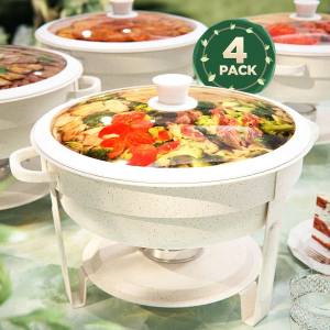 Bakpoco Chafing Dishes for Buffet 4Pack, 5QT [95% Pre-Assembled] Round Dish Buffet Servers Set with Glass Lid, Maifanite-Coated Stainless Steel Chafers Food Warmers Trays Parties Catering Wedding