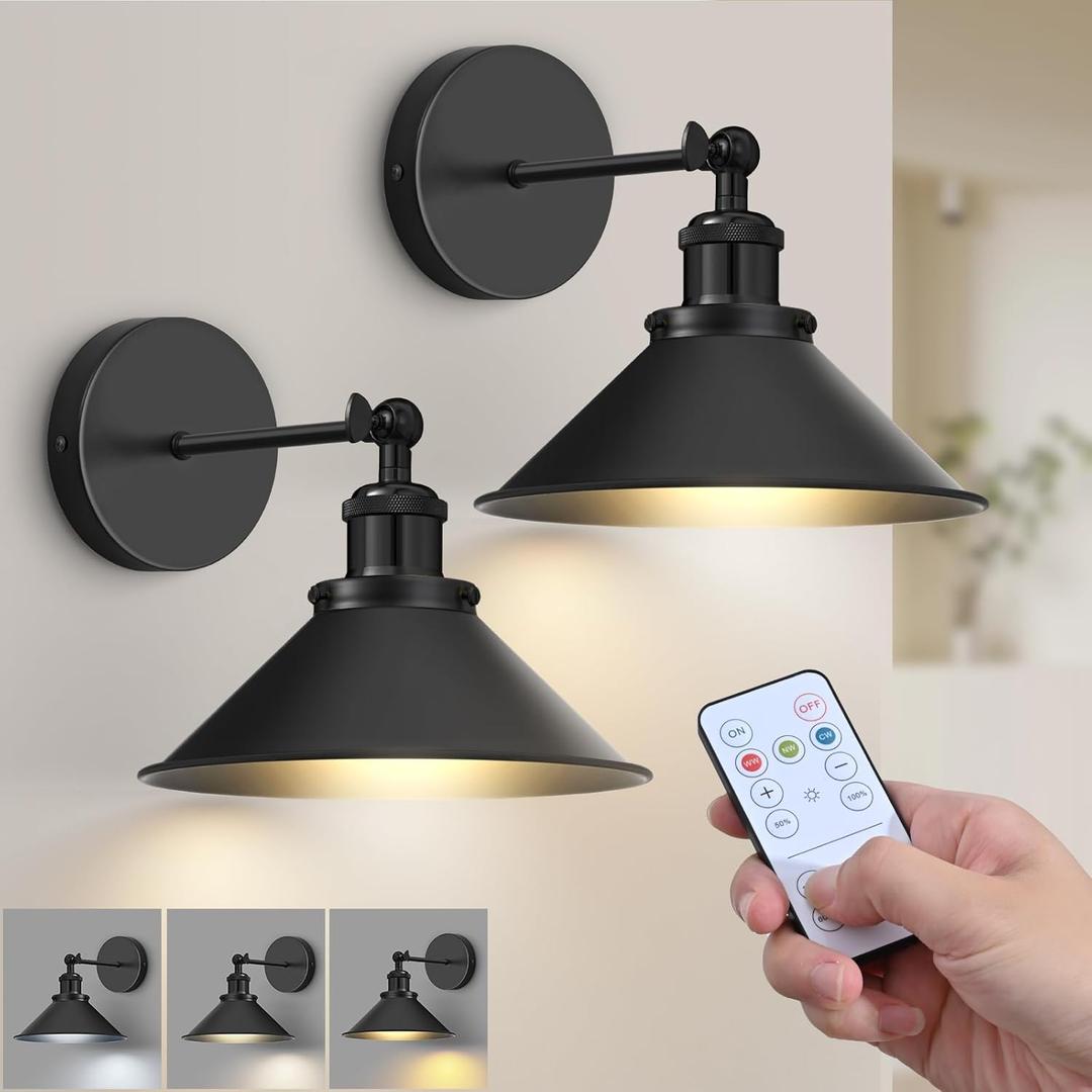 Battery Operated Wall Sconce Set of 2,Vintage Wireless Wall Sconces with Remote, Dimmable Led Wall Lights, Wall Lamp Fixture Indoor Bedroom Living Room Kitchen, LED Bulbs Included, Black
