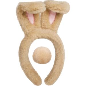 Easter Bunny Ears Headband and Tail Set,Plush Bunny Costume Accessories For Halloween Cosplay Party Performance (Brown)