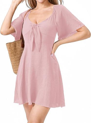 Womens Dresses 2025 Spring Summer Deep V Neck Casual Bow Tie Mini Cocktail Beach Dress, M, Pink
