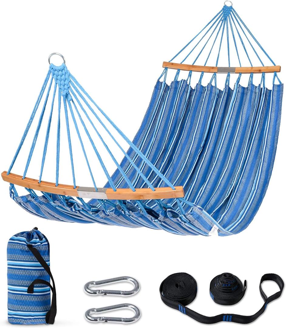 SUNCREAT Hammocks Double Hammock with Curved Spreader Bar, Outdoor Portable Hammock with Carrying Bag & Tree Straps for Bedroom, Patio, Backyard, Balcony, Max 450lbs Capacity, Blue SUNCREAT Hammocks Double Hammock with Curved Spreader Bar, Outdoor Portable Hammock with Carrying Bag & Tree Straps for Bedroom, Patio, Backyard, Balcony, Max 450lbs Capacity, Blue