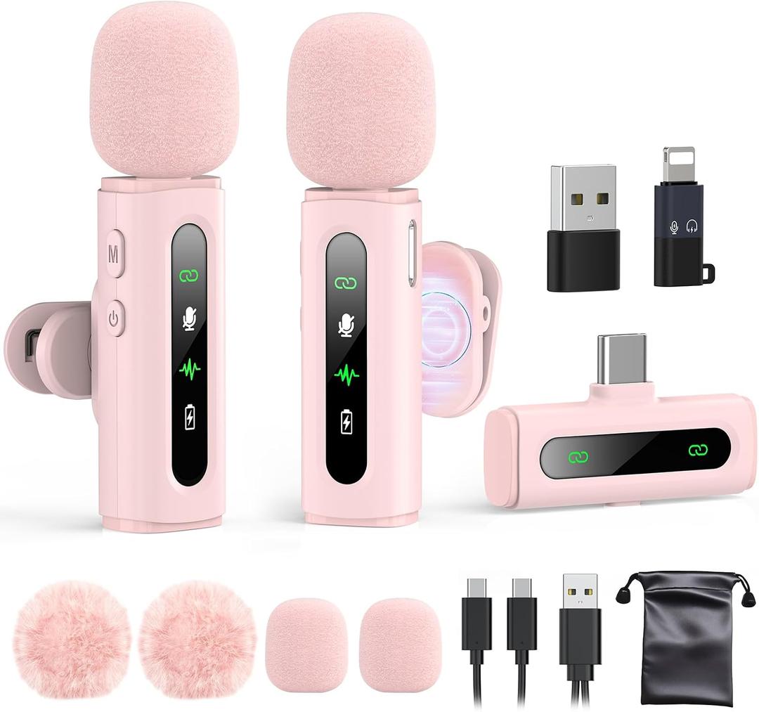 USB C Lavalier Microphone Wireless Mini Mic for Type-C Android Phone/Tablet/PC Video Recording Clip-on Mics with Rotatable Clip&Denoise Recording, Ideal for Vlog Tiktok Youtube Content Creator, Pink