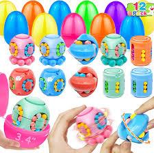 12 Pack 3.4" Jumbo Filled Easter Eggs with Toys Magic Bean Cubes, Fidget Puzzle Toy Brain Teaser Easter Basket Stuffer Egg Fillers, Stress Relief Party Favors Gifts Kid Toddler Teen Classroom Prizes