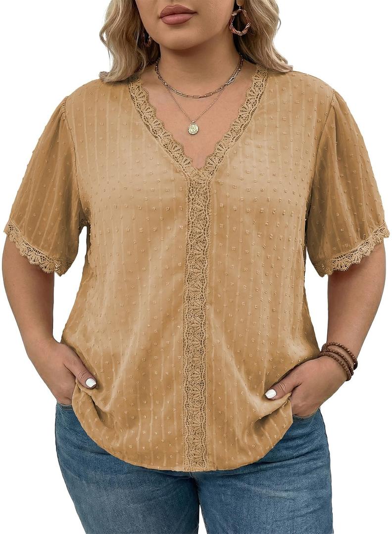 Eytino Plus Size Tops for Women 2026 Summer Short Sleeve V Neck Lace Crochet Chiffon Shirt Blouses,2X Khaki (Beige, XXL)