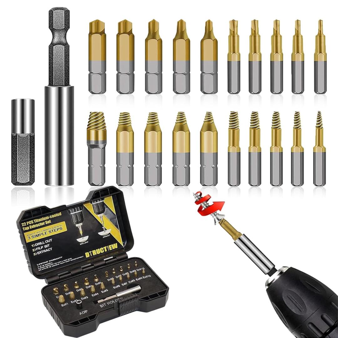 Titanium Damaged Screw Extractor Set: 22 PCS Easy Out Screw Extractor Kit with Magnetic Extension Bit Holder & Socket Adapter for Stripped Screws/Bolts/Nuts, Fathers Day Gift