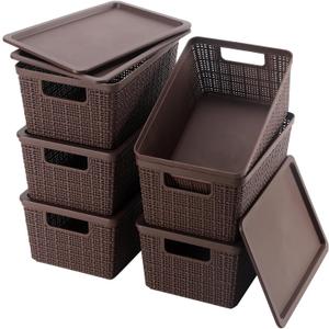 6 Pack Plastic Storage Baskets With Lids,Brown Breathable Stackable Storage Bins,Small Storage Containers,for Organizing Storage Baskets on Desktops,Closets,Playrooms,Classrooms,Offices