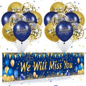Blue Gold We Will Miss You Banner and 18pcs Good Luck Balloons for Farewell, Going Away, Retirement, Graduation, Goodbye Party