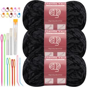 LUNARM Chenille Yarn for Crocheting Knitting, 3 Pack of 100g/3.5oz Velvet Yarn Thick Soft Chunky Fluffy Weaving Plush for Blankets Clothes Pattern Creations 263 Yard with Big Eye Needles (Black) (Solid Color)