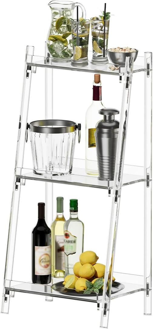 HMYHUM Acrylic Stand, 3 Tier Liquor Display for Home Bar, Stepped Acrylic Rack Freestanding Floor, Liquor Cabinet for Whiskey with Fences, Large-Capacity Alcohol Storage for Living Room