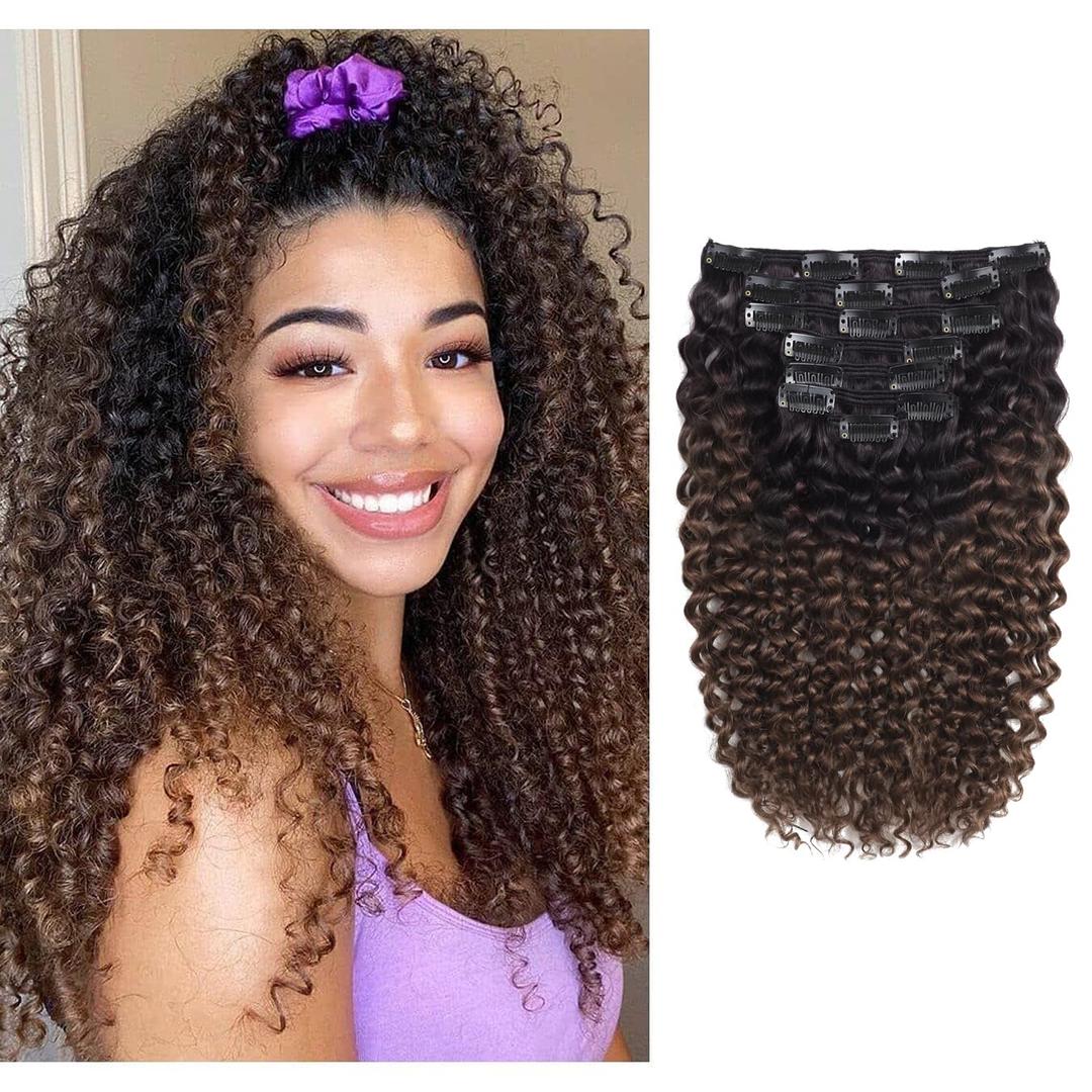 Loxxy Curly hair extensions Clip in human hair Natural Black Fading To Chocolate Brown Color For black Women Jerry Curly Clip in Natural Hair Extension Real Virgin Thick Hair(#1B/4,22 Inch,120gram)