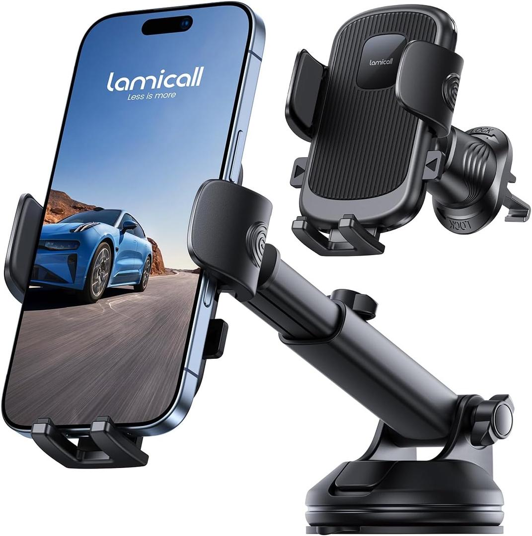 Lamicall Car Phone Holder Mount [3-in-1 Military-Grade Suction Cup] 360 Rotation Phone Holders for Your Car [Metal Hook] Cell Phone Car Mount Dashboard Vent Windshield for iPhone 16 All Smartphone (Black)