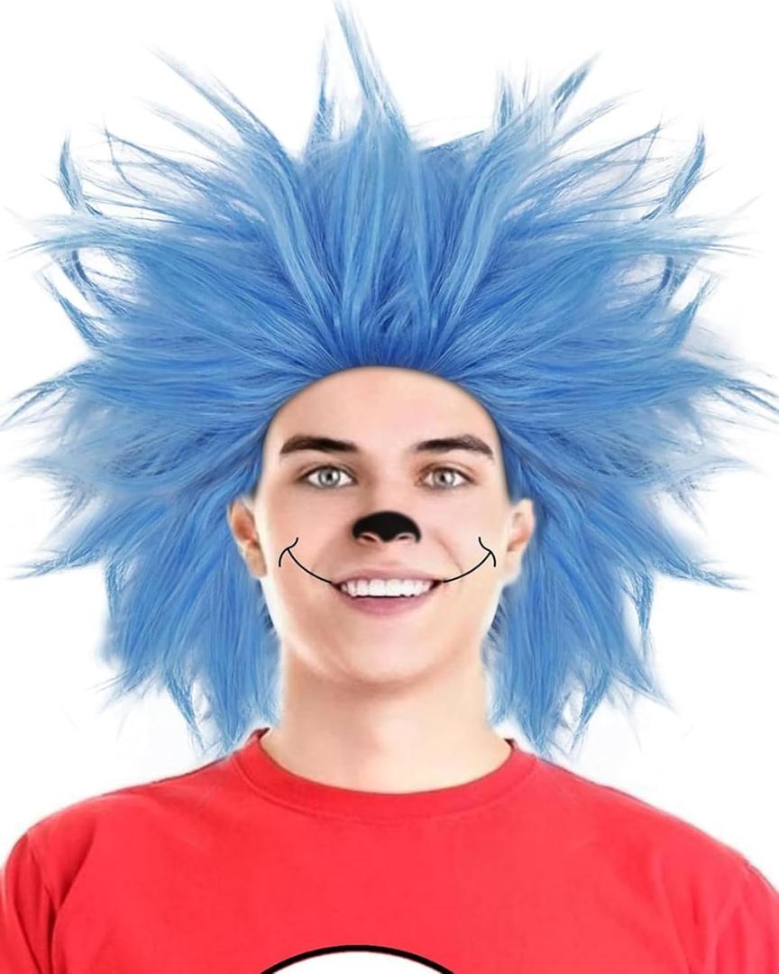 ANOGOL Hair Cap+ Blue Crazy Wig, Unique Spiky and Funny Wigs, Funky Fuzzy Wigs, Pelucas Para Payasos, Short Blue Wig for Anime Cosplay Halloween Costume Party Outfit