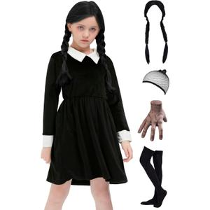 BesserBay Halloween Velvet A-Line Long Sleeve Costumes Pleated Wensday Mini Dress Black 8 Years