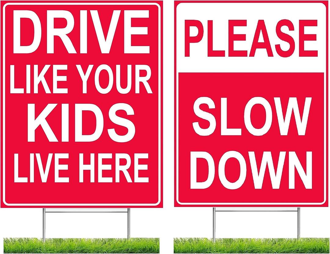 Please Slow Down Sign and Drive Like Your Kids Live Here Sign (Combo Pack), Red/White, Double Sided + Metal Stand