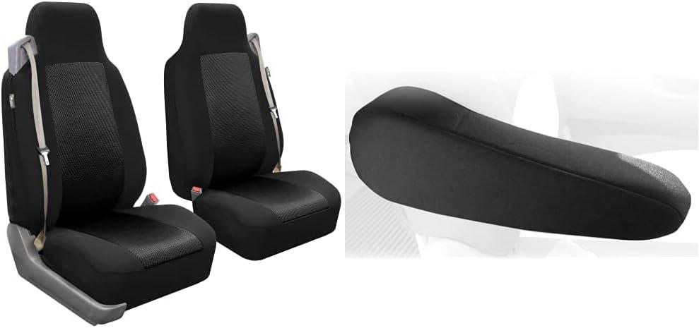 FH Group Classic Cloth Front High Back Seat Cover, Set of 2 (Built-in Seatbelt Compatible) Armrest Cover Semi-Universal (Flat Cloth Fabric - One Pair)