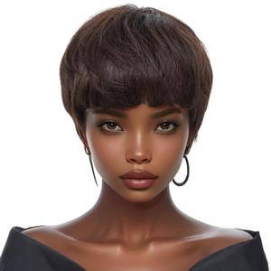 Pixie Cut Wig Human Hair Short Pixie Cut Wigs for Women Glueless Wig Human Hair Short Layered None Lace Front Wig with Bangs Brown Black Straight Wig