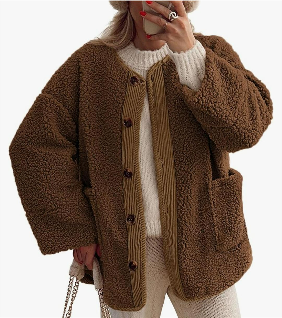 PRETTYGARDEN Women's 2026 Winter Coats Long Sleeve Button up Fuzzy Sherpa Fleece Jackets Outerwear Fall Fashion Clothes, Large