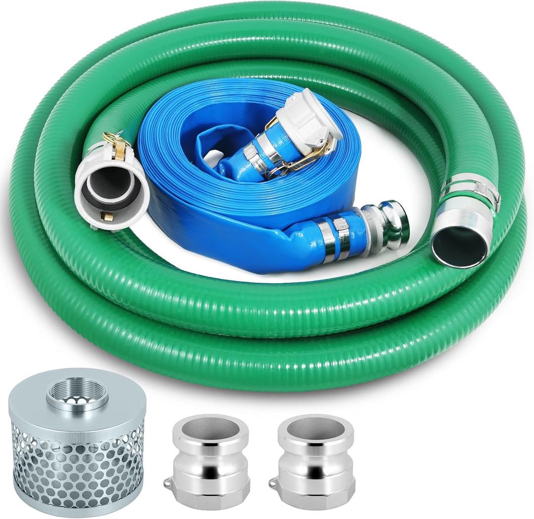 Heavy Duty 2" x 50' Blue PVC Discharge Hose & 2" x 20' Green PVC Suction Hose Pump Kit, Backwash Hose with Aluminum Camlock Fittings, Steel Round Strainer, Cam & Groove Adapter