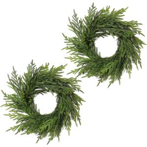 WBHome 18" Norfolk Pine Wreath for Front Door, Real Touch Artificial Green Wreath Greenery Realistic Holiday Decoration for Indoor Outdoor, 2 PCS