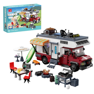 City Camper Van Building Set-Beach Camping Themed Construction Toy Kit with Mini Accessories&Lights, RV Car Model Compatible with Legos,Birthday Gift for Adults and Kids 6+(880 pcs)