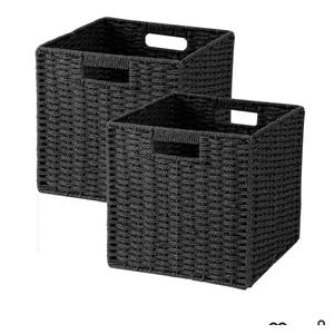Woven Wicker Storage Baskets 2-Pack, 11x11 Handwoven Paper Rope Organizer Bins, Foldable Cube Storage Cubes with Built-in Handles for Shelves and Closet Organization(Classic Black)