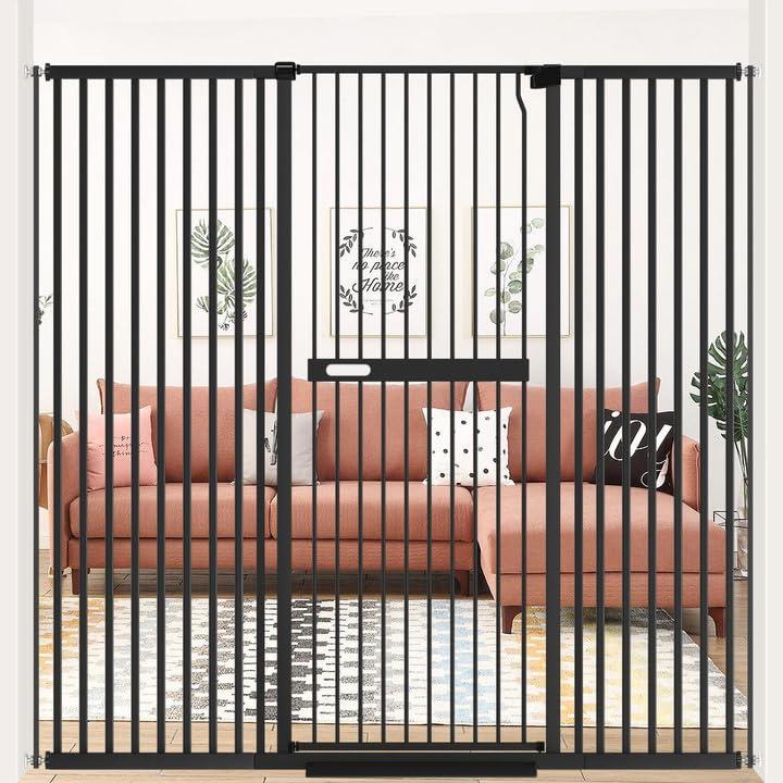 WAOWAO 61.02" Extra Tall Cat Pet Gate 58.85-64.96" Wide Pressure Mounted Walk Through Swing Auto Close Safety Black Metal Baby Toddler Kids Child Dog Pet Puppy Cat for Indoor Stairs,Doorways
