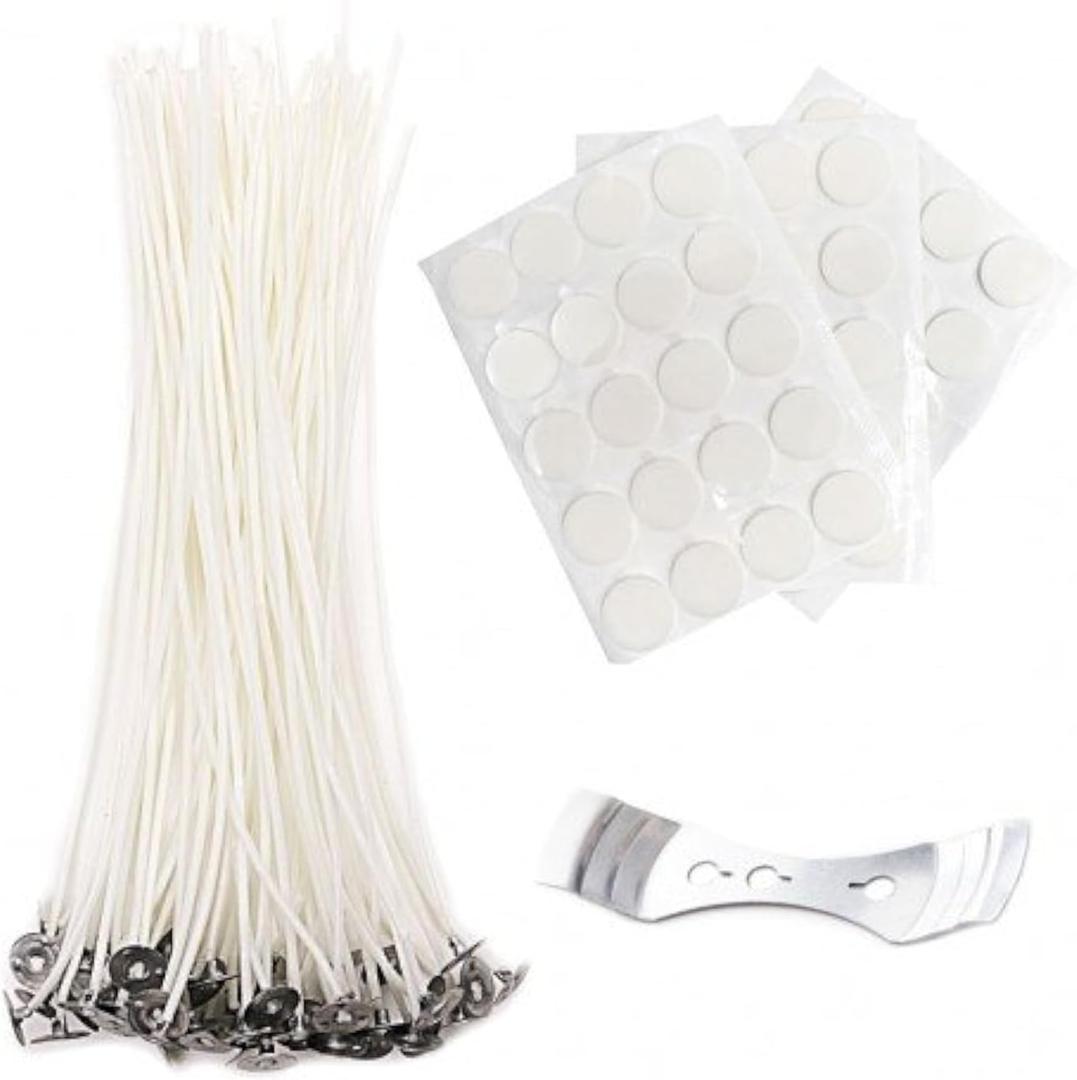 EricX Light 8 inch Candle Wick with Candle Wick Stickers and Candle Wick Centering Device,60 pcs for Candle Making