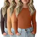 LessonZoo 3 Pack Girls Long Sleeve Shirts Ribbed Knit Cotton Layering Tops Slim Fit Crewneck Casual Undershirts(Chocolate, Ginger Yellow, Pumpkin,XL)