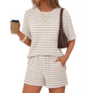 MEROKEETY Women's Summer 2 Piece Lounge Sets Striped Knit 2026 Casual High Waisted Shorts Matching Airport Travel Outfits, Apricot, S (S)